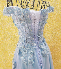 Bridesmaids Dress Beach, Light Blue Off Shoulder Long Party Dress with Flowers, Tulle Blue Evening Dress Prom Dress