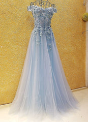 Bridesmaids Dress Styles Long, Light Blue Off Shoulder Long Party Dress with Flowers, Tulle Blue Evening Dress Prom Dress