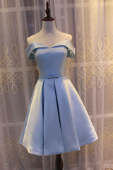 Homecomeing Dresses Vintage, Light Blue Off Shoulder Satin Bridesmaid Dress, Blue Short Formal Dress