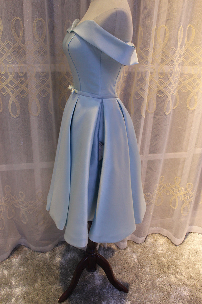 Homecomming Dresses Vintage, Light Blue Off Shoulder Satin Bridesmaid Dress, Blue Short Formal Dress