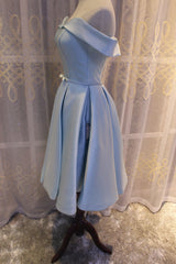 Homecomming Dresses Vintage, Light Blue Off Shoulder Satin Bridesmaid Dress, Blue Short Formal Dress