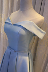 Homecomming Dress Vintage, Light Blue Off Shoulder Satin Bridesmaid Dress, Blue Short Formal Dress
