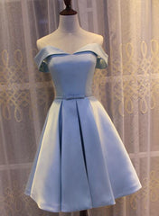 Homecoming Dress Vintage, Light Blue Off Shoulder Satin Bridesmaid Dress, Blue Short Formal Dress