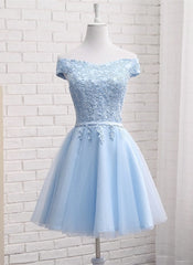 Evening Dress Simple, Light Blue Off Shoulder Tulle Party Dress, Blue Homecoming Dresses