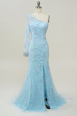 Bridesmaids Dressing Gowns, Light Blue One Shoulder Appliques Mermaid Long Prom Dress with Slit