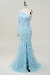 Bridesmaid Dresses Near Me, Light Blue One Shoulder Appliques Mermaid Long Prom Dress with Slit