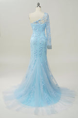 Bridesmaids Dresses Near Me, Light Blue One Shoulder Appliques Mermaid Long Prom Dress with Slit