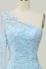 Bridesmaid Dress Colours, Light Blue One Shoulder Appliques Mermaid Long Prom Dress with Slit
