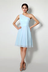 Formal Dresses Nearby, Light Blue One Shoulder Chiffon Knee Length Homecoming Dresses