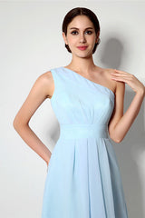 Formal Dress Long Elegant, Light Blue One Shoulder Chiffon Knee Length Homecoming Dresses