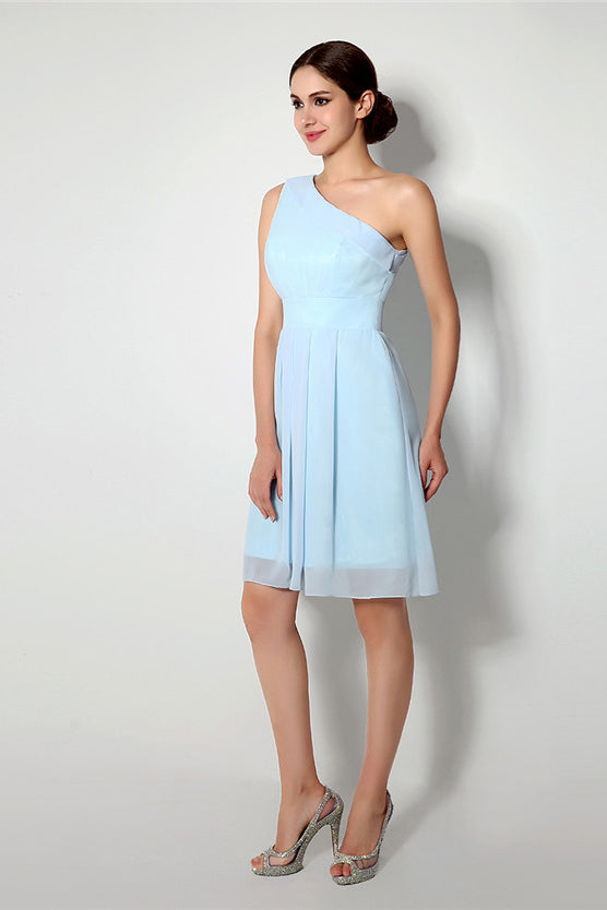 Formal Dresses Long Elegant, Light Blue One Shoulder Chiffon Knee Length Homecoming Dresses