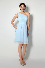 Formal Dress Prom, Light Blue One Shoulder Chiffon Knee Length Homecoming Dresses