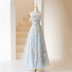Club Outfit For Women, Light Blue Prom Dresses Fairy,Long Blue Tulle Floral Appliques Formal Dresses