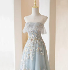 Prom Dress Pink, Light Blue Prom Dresses Fairy,Long Blue Tulle Floral Appliques Formal Dresses