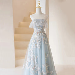 Dress Aesthetic, Light Blue Prom Dresses Fairy,Long Blue Tulle Floral Appliques Formal Dresses