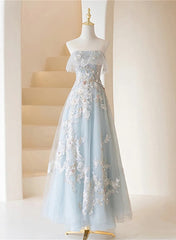 Modest Dress, Light Blue Prom Dresses Fairy,Long Blue Tulle Floral Appliques Formal Dresses