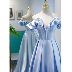 Wedding Pictures Ideas, Light Blue Satin A-line Off Shoulder Long Formal Dress, Light Blue Evening Dress Prom Dress