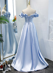Indian Wedding Dress, Light Blue Satin A-line Off Shoulder Long Formal Dress, Light Blue Evening Dress Prom Dress