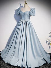 Bridal Shoes, Light Blue Satin Long Prom Dress, Light Blue Formal Sweet 16 dress