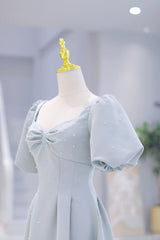 Bridesmaid Dresses Fall Color, Light Blue Satin Long Prom Dress with Pearls, A-Line Short Sleeve Party Dress