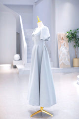 Bridesmaid Dress Fall Colors, Light Blue Satin Long Prom Dress with Pearls, A-Line Short Sleeve Party Dress