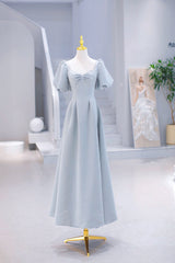 Bridesmaids Dresses Fall Colors, Light Blue Satin Long Prom Dress with Pearls, A-Line Short Sleeve Party Dress