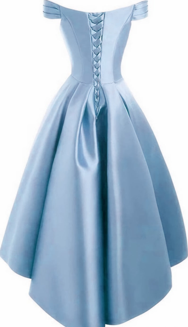 Prom Dresse Princess, Light Blue Satin Off Shoulder High Low Party Dress Homecoming Dresses, Short Prom Dress