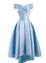 Prom Dresses2020, Light Blue Satin Off Shoulder High Low Party Dress Homecoming Dresses, Short Prom Dress