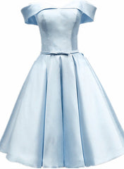 Prom Dresses Designs, Light Blue Satin Off Shoulder Knee Length Homeoming Dress, Blue Short Prom Dress