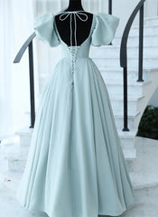 Wedding Dress Online, Light Blue Satin Open Back Lopng Prom Dress, Blue A-line Wedding Party Dress