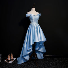 Bridesmaids Dresses Color Palettes, Light Blue Satin with Lace Applique High Low Homecoming Dress, Blue Short Off Shoulder Formal Dress