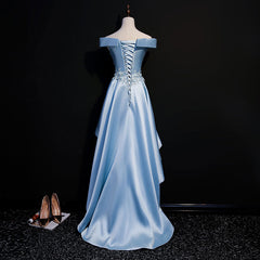 Bridesmaid Dress Color Palettes, Light Blue Satin with Lace Applique High Low Homecoming Dress, Blue Short Off Shoulder Formal Dress