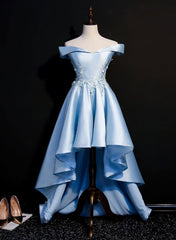 Bridesmaid Dresses Blush, Light Blue Satin with Lace Applique High Low Homecoming Dress, Blue Short Off Shoulder Formal Dress
