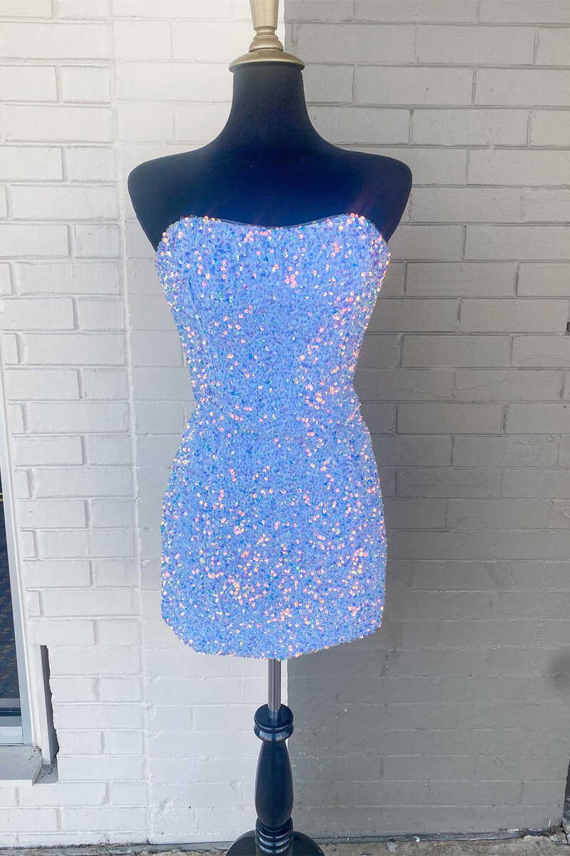 Pink Formal Dress, Light Blue Sequin Strapless Mini Homecoming Dress Cocktail Dresses Parties