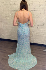 Light Blue Sequins Long Prom Dress With Open Back