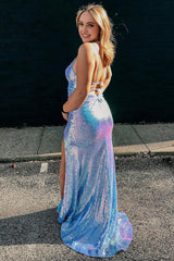 Light Blue Sequins Mermaid Prom Dress with Slit