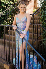 Light Blue Sequins Spaghetti Straps Mermaid Prom Dress with Slit
