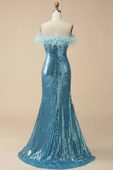 Light Blue Sparkly Sequins Off the Shoulder Long Prom Dress with Feathers
