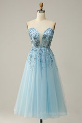 Fall Wedding, Light Blue Strapless Plunging V Neck Sequin-Embroidered Tea-Length Prom Dress