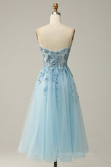 Prom Dress 2054, Light Blue Strapless Plunging V Neck Sequin-Embroidered Tea-Length Prom Dress
