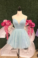 Bridesmaid Dress Long Sleeve, Light Blue Straps A-line Short Homecoming Dress