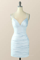 Prom Dress Designers, Light Blue Straps Bodycon Mini Dress