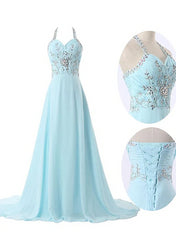 Evening Dresses Red, Light Blue Straps Chiffon Beaded Long Formal Dress, Charming Party Gowns