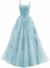 Winter Formal, Light Blue Straps Cross Back Tulle with Lace Applique Prom Dress, Blue Formal Dress
