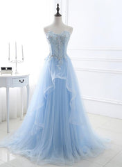Party Dress Shops, Light Blue Sweetheart Evening dress, Long Tulle Prom Dress