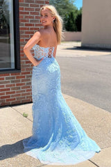 Light Blue Sweetheart Lace-Up Long Mermaid Prom Dress with Appliques