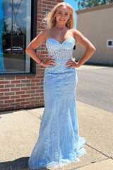 Light Blue Sweetheart Lace-Up Long Mermaid Prom Dress with Appliques