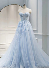 Wedding Dress With Straps, Light Blue Sweetheart Tulle with Lace Long Wedding Party Dress, Blue Prom Dress