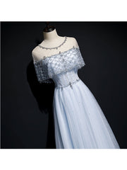 Bachelorette Party Outfit, Light Blue Tulle A-line Long Party Dress, Blue Prom Dresses