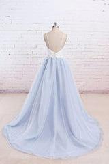 Wedding Dress Fashion, Light Blue Tulle and White Top Long Wedding Party Gowns, Straps Junior Prom Dress